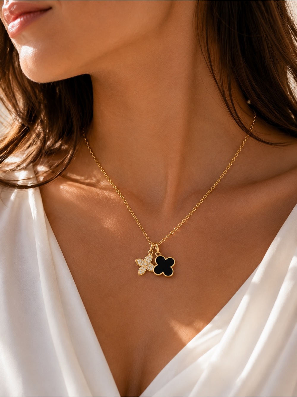 Black Shell Clover Necklace 18K Gold Plated Titanium Steel CZ Pendant